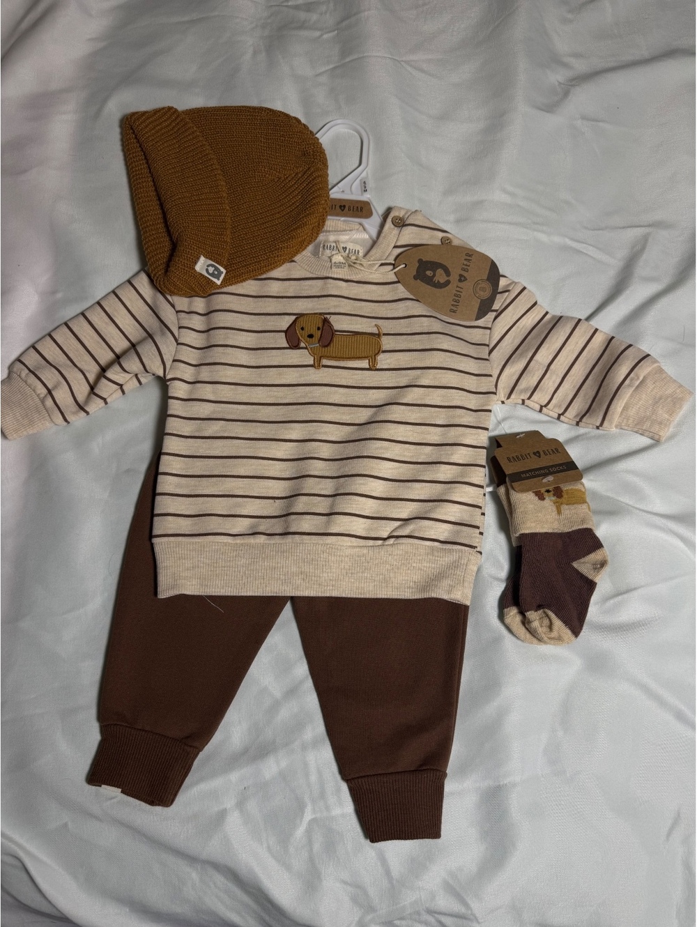 Wild and Vivian Baby 4 Piece Outfit Set Brown Stripe Dachshund